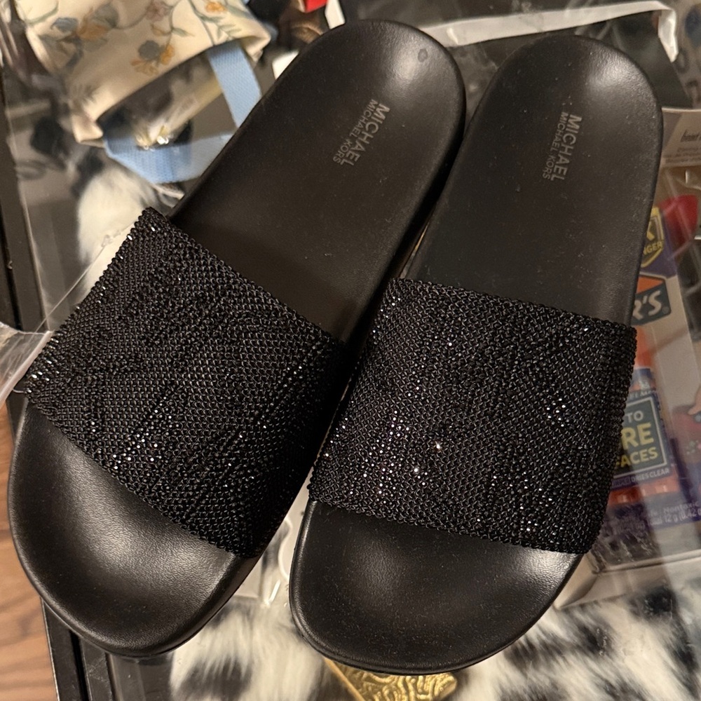 Michael Kors Black Sparkle Slide Sandals